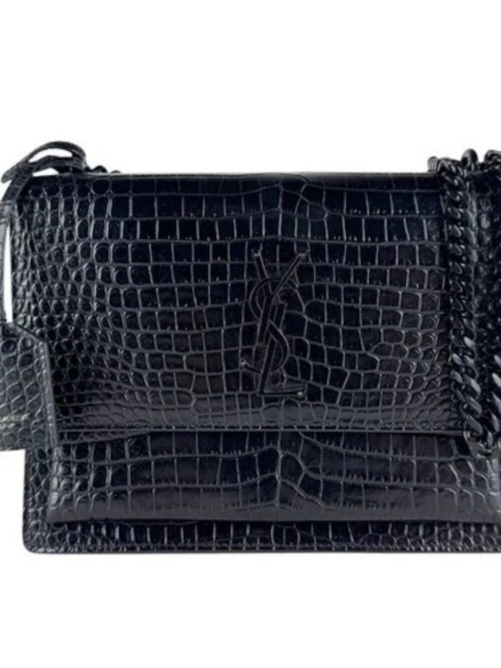 Auth SAINT LAURENT Sunset Medium Shoulder Bag Black Embossed Leather - z10563